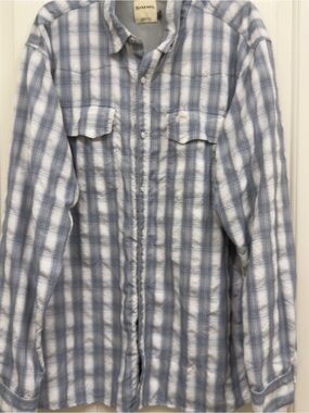 Simms Big Sky Light Blue and White Plaid Snap front long sleeve Shirt XXL